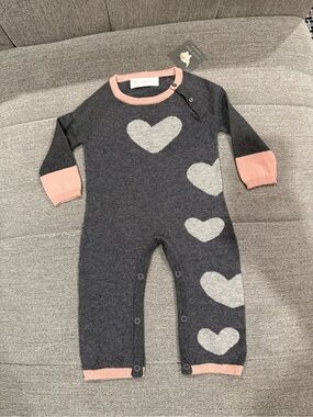 Lucky Jade Baby Girl Gray Knit Heart One-Piece with Pink Trim